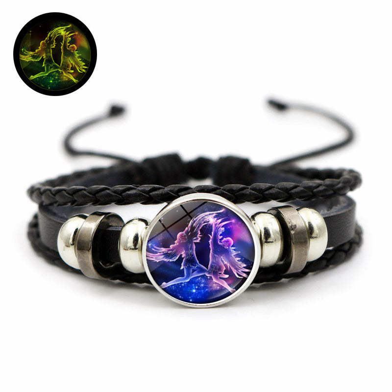 Doce de la constelación al por mayor brillo de piedra en la oscura pulsera de cuero con cuentas tejidas a mano